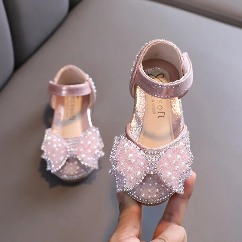 Chaussures de princesse plates d'été pour filles, sandales à biscuits avec nœud à paillettes, chaussures de fête de mariage pour bébés et enfants en bas âge