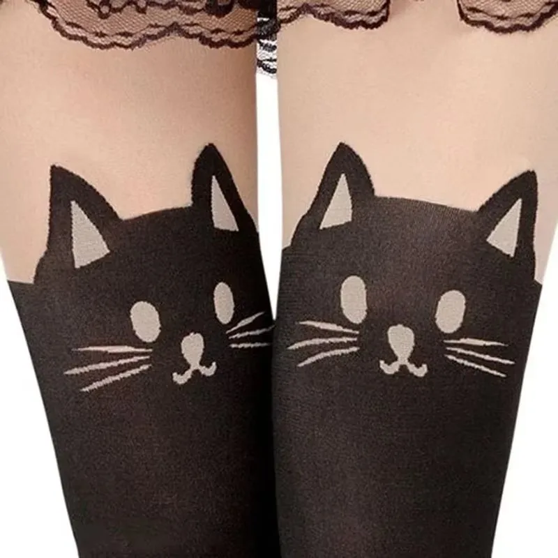 Women's Black Cat Printed Silk Knee High Socks Cute Romantic Casual Cotton Thigh Warm High over Knee Socks for Ladies