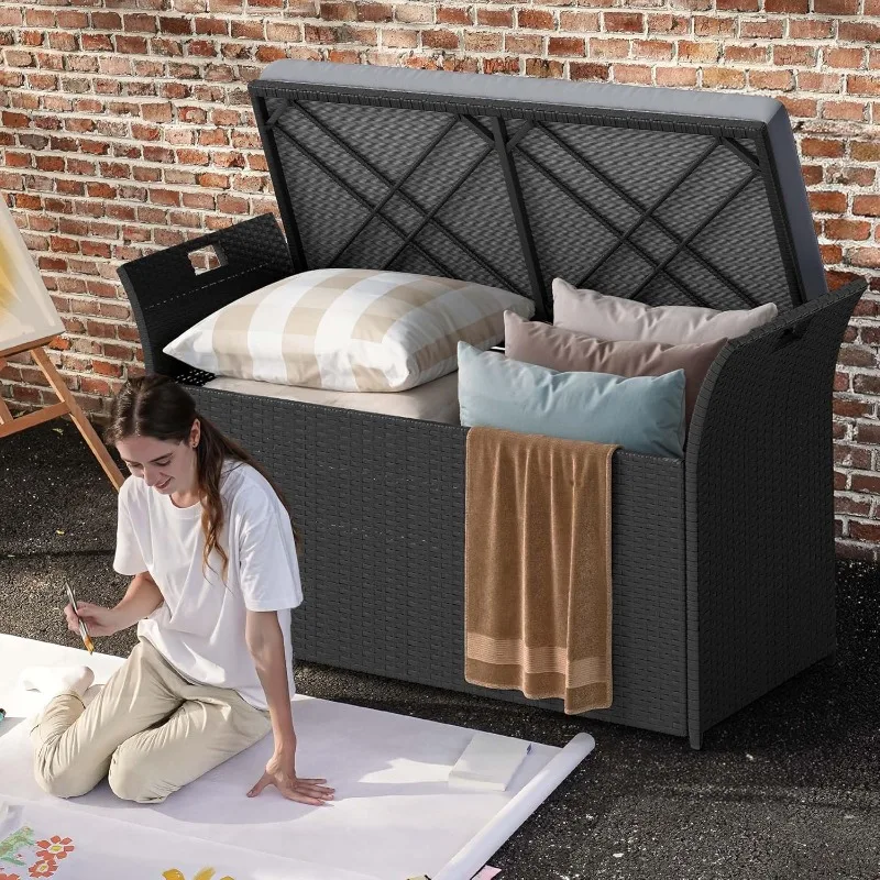 مقعد تخزين خارجي سعة 90 جالونًا، صندوق سطح من الخيزران مع وسادة، مقعد خارجي لتخزين الفناء، ساحة، حمام السباحة، الحديقة، أسود ورمادي