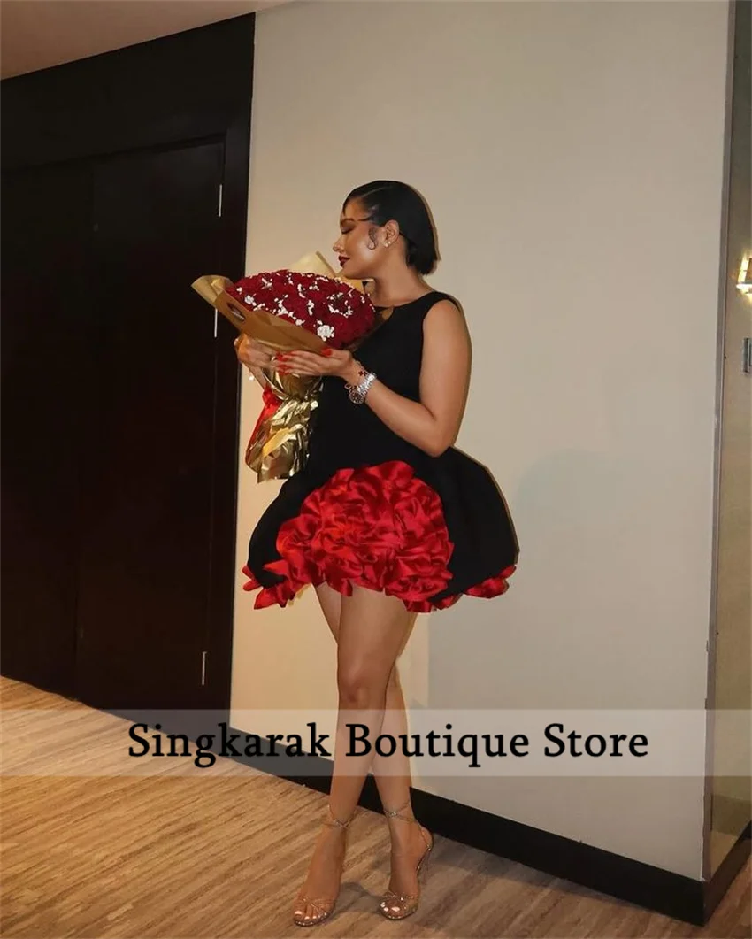 

Привлекательные черные короткие африканские платья для выпускного вечера с красными цветочными деталями ручной работы, сексуальное мини-коктейльное платье с пузырьками
