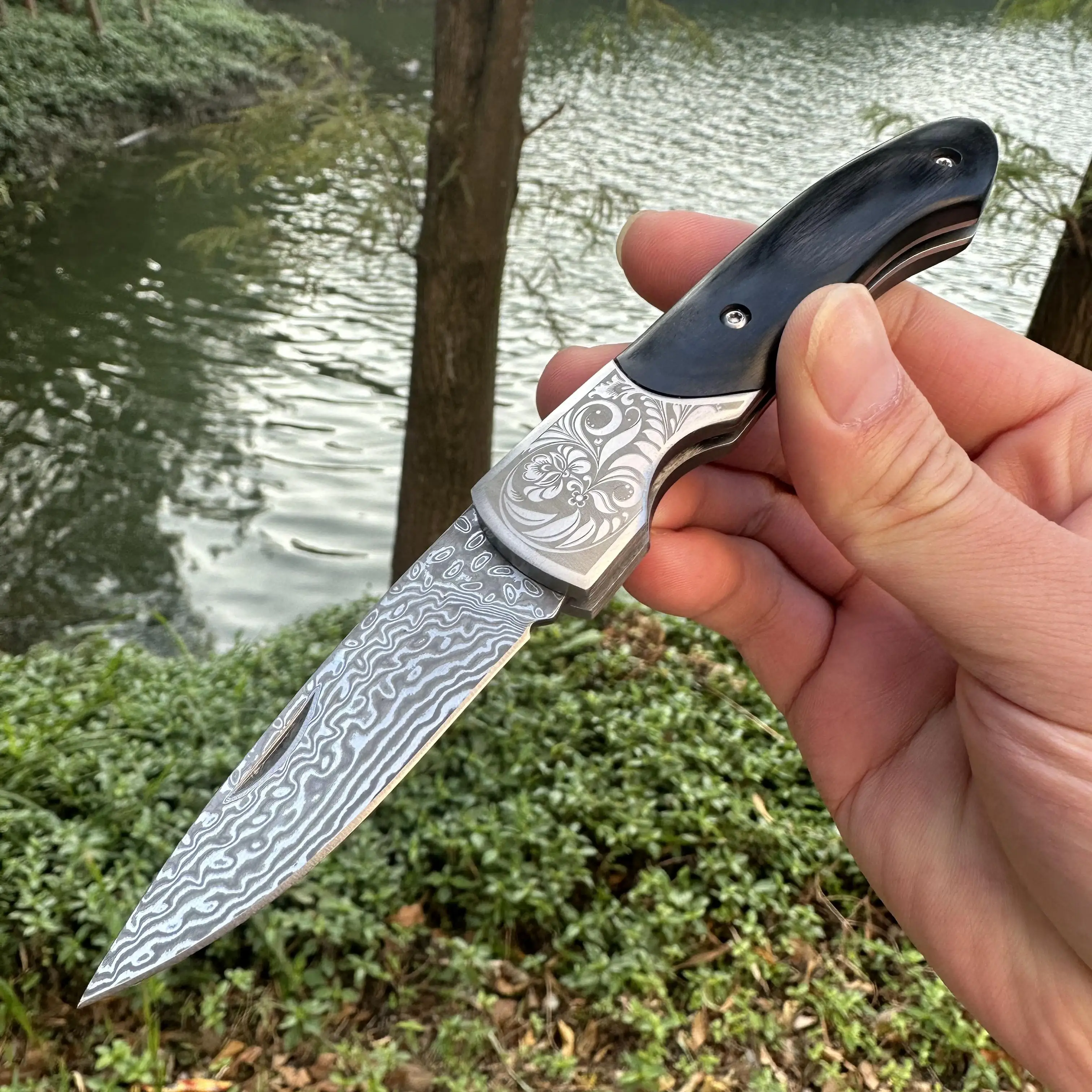 Topwell Handmade Damascus Pocket Folding Knife Vg10 Blade Sandalwood Handle Portable Outdoor Camping Fishing Gift For Men