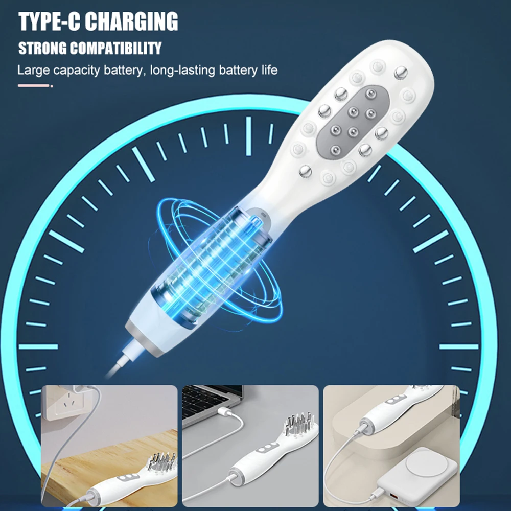 مشط تدليك فروة الرأس الكهربائي 3 مستويات EMS الاهتزاز الأحمر الأزرق LED العلاج بالضوء مكافحة تساقط الشعر الطب فروة الرأس النفط قضيب
