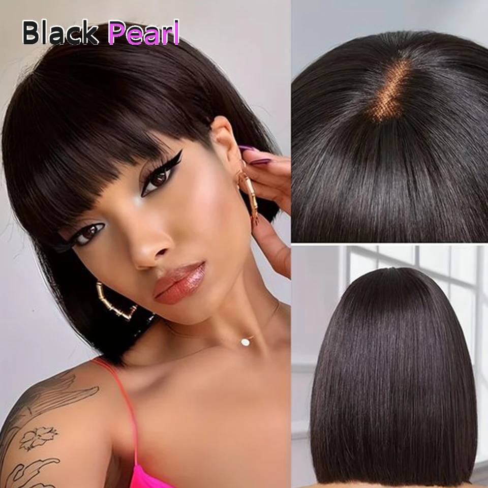 

Short Bob Wig With Bangs Brazilian Remy Human Hair Wigs Full Machine Lace Realistic Scalp Glueless Straight Bob Wig With Bangs