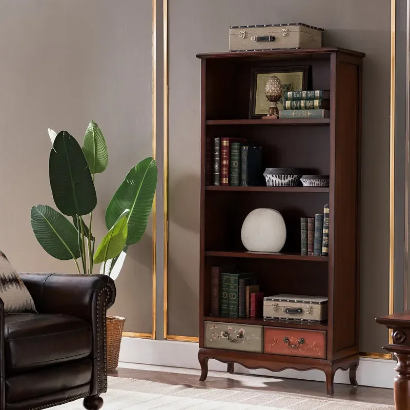 Solid Wood Bookcase with Drawers Retro Hand Painted Simple Multi Layer Cabinet Multi Functional Storage