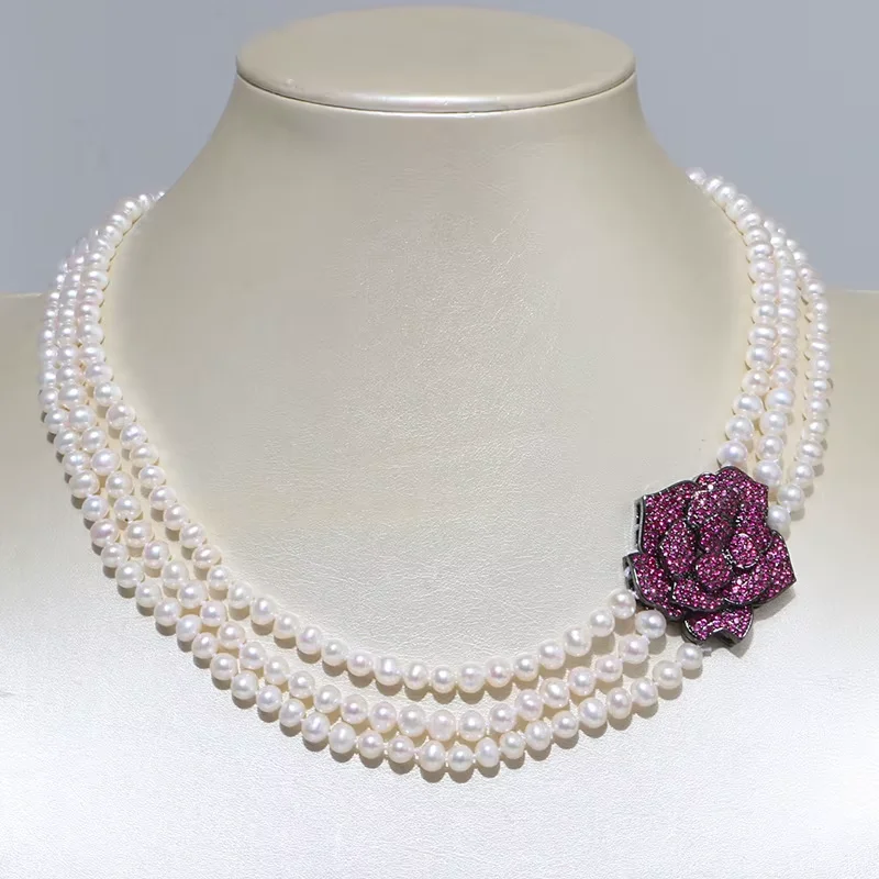 

18" 3 Strands Cultured White Pearl Flower CZ Pave Bracelet 8" Necklace 20'' Sets