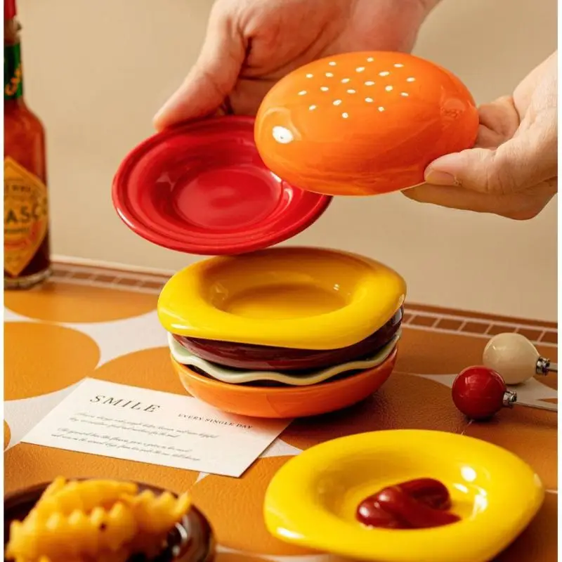 New#6Pcs High Value Bone Spit Plate Stackable Hamburger Plate Set Burger 6 Layers Dinner Plate Funny Sauce Containers Table Dec