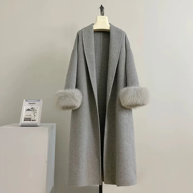 Women's Real Fox Fur Belted Long Blends Outerwear Office Lady Overcoats Elegant Double-Sided Cashmere Autumn Winter Wool Coat