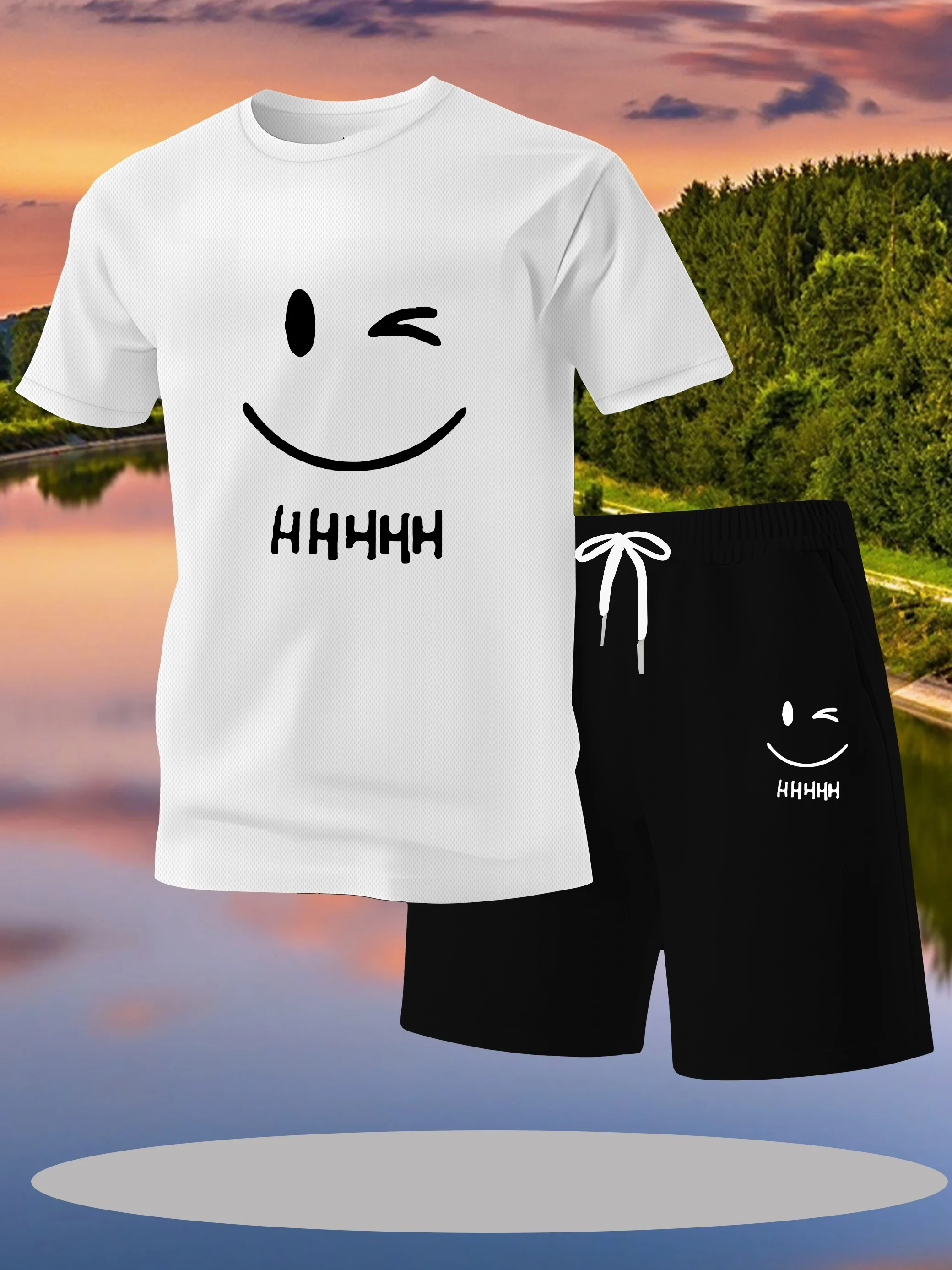 

Мужской повседневный комплект спортивной одежды с футболкой с принтом и шортами, дышащая летняя уличная одежда