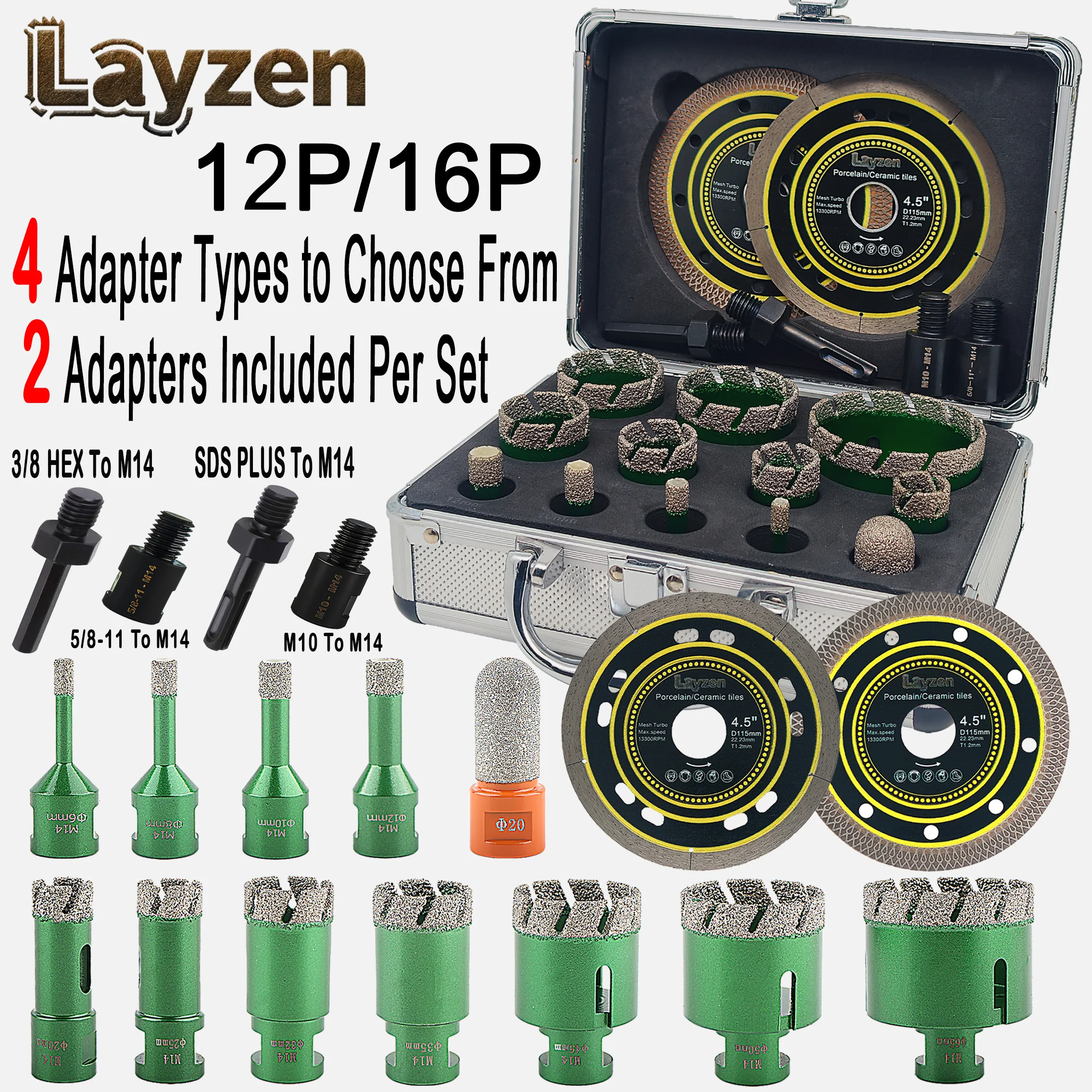 

Layzen 12/16PCS Diamond Dry Drill Bits Kit M14 Thread Hole Opener For Ceramic Tile Granite Marble Brazed Diamond Cutting Tools