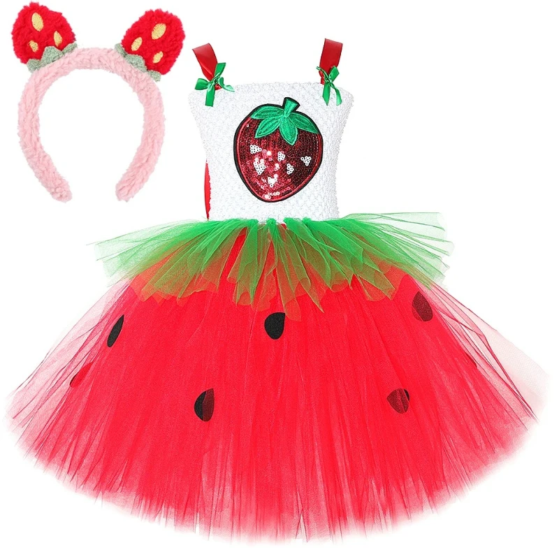 Disfraz de fresa brillante para niñas, vestido de tutú de Ballet para fiesta de cumpleaños de frutas para niños, ropa de Año Nuevo, traje de frutas de paja