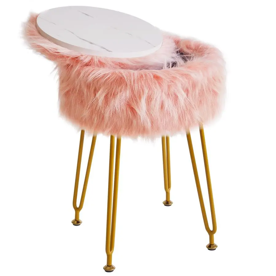 

Круглый пуф-табурет из искусственного меха с отсеком для хранения, пушистое кресло для макияжа, мягкое сиденье, круглая подставка для ног с 4 металлическими ножками