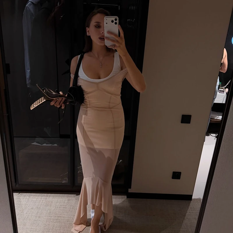 Sheer Mesh Overlay Spaghetti Strap Midi Dress Waist Cinched Sleeveless 2026 Summer Women Accessories Trendy Classy Lady Outfits