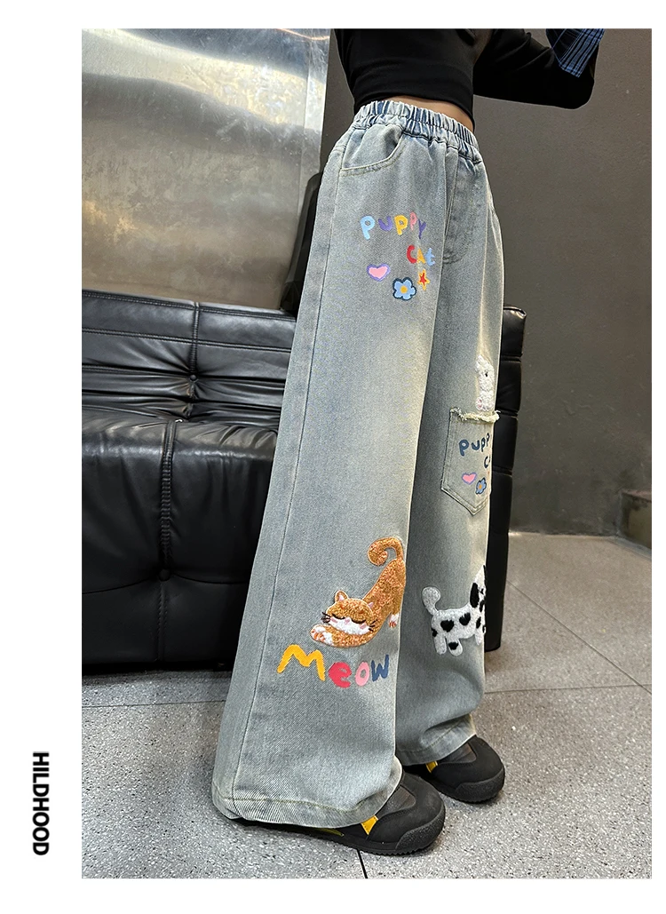 Herbstliche Jeans mit Hundestickerei für Teenager-Mädchen, Junior-Kinder-Denim-Hosen mit weitem Bein, Schul- und Streetwear-Jeans für Kinder im Alter von 5-14 Jahren – Detail 9