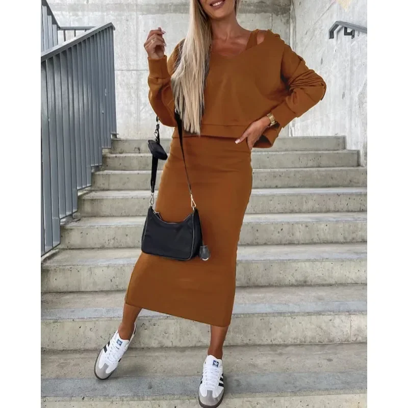 Autumn Winter Women Two Piece Set Elegant Tracksuit Outfits Long Sleeve Hoodies Top High Waist Slim Bodycon Long Skirt Suit