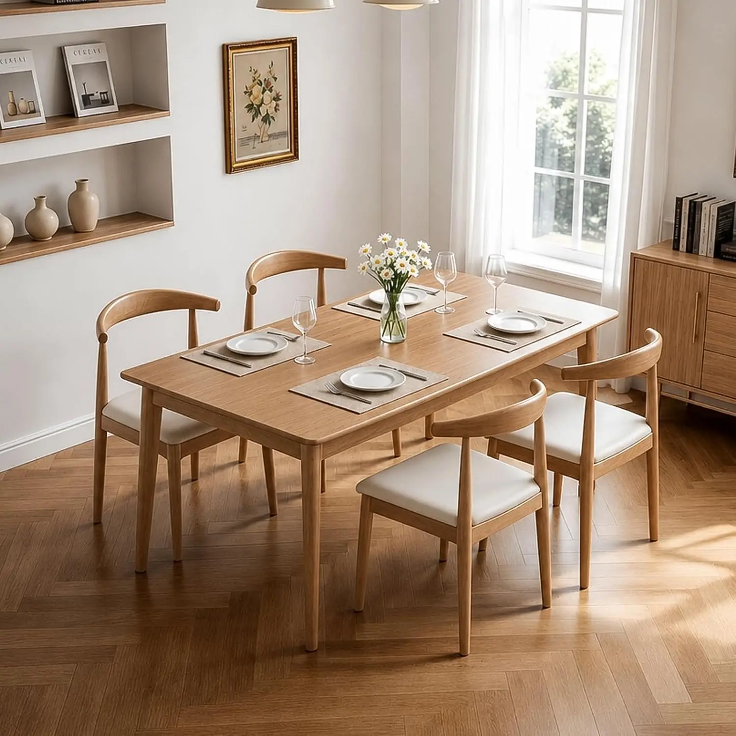 Solid Wood Dining Chairs Set of 4, Mid Century Modern Kitchen Chairs with Leather Upholstered Seat, Elegant Natural, Custom view 2