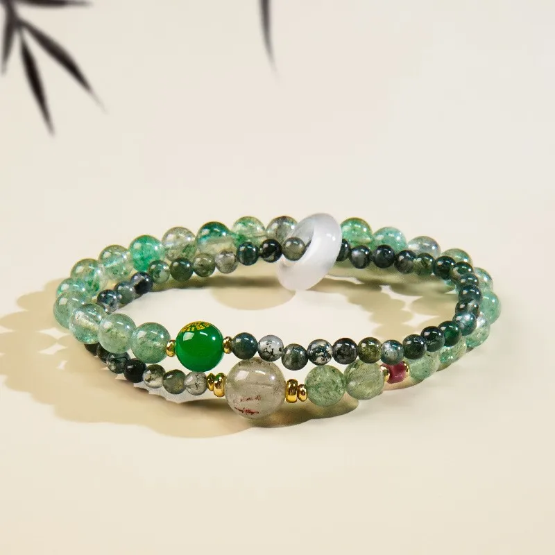Double Circle Beaded Bracelet with Five Elements Theme Feng Shui Symbolism in Green Agate Strawberry Crystal