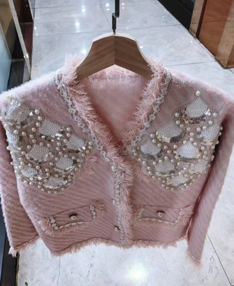 

Роскошный трикотаж с блестками и жемчугом, бисером, кардиган, пальто для женщин, свободный повседневный толстый свитер, верхняя одежда, вязаная осенне-зимняя куртка