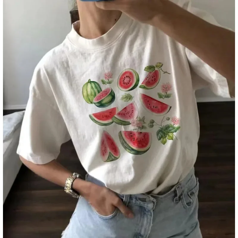 

2023 Street trend Fun Melon fruit Print T-shirt Women y2k Harajuku Fashion retro couple casual loose oversized T-shirt