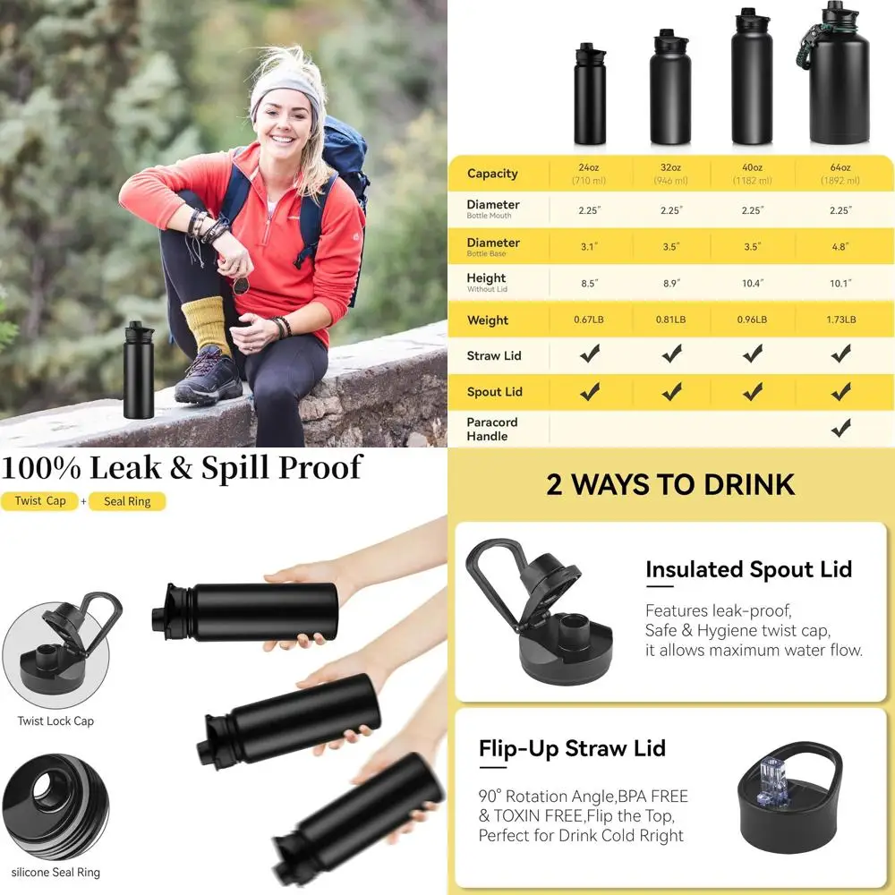 

8-Pack 24 oz Stainless Steel Insulated Water Bottles with Straw and Wide Mouth Lids, Double Walled, Leak-Proof, Black