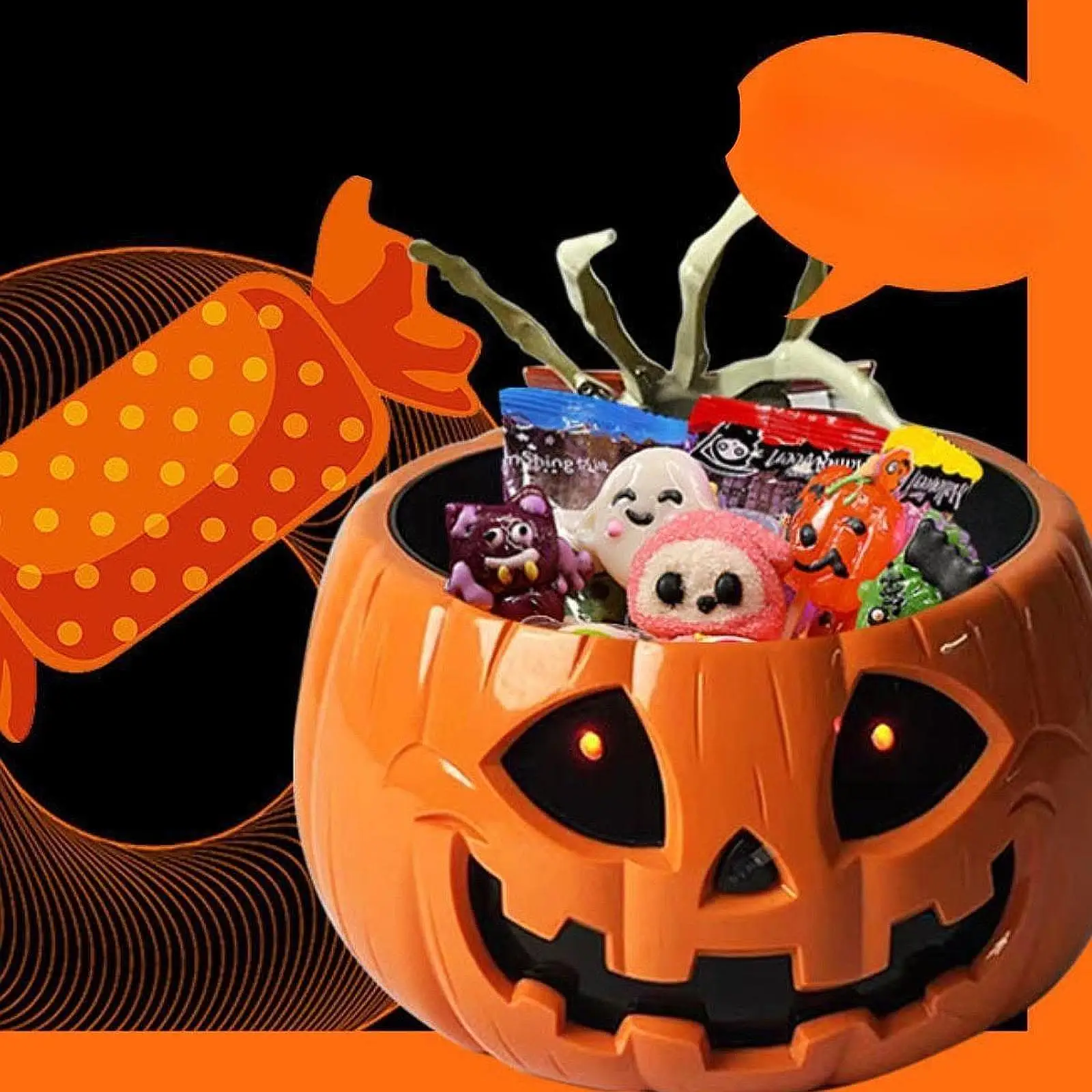 Halloween Candy Bowl Dish with Motion Activated Animated Pumpkin Candy Holder