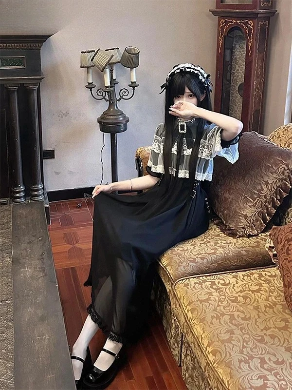 لوليتا اليابانية الحلو عالية الخصر سليم المناسب تنوعا فساتين طويلة سوداء الإنتاج الضخم هود الغزل كيب بروش فستان الدانتيل