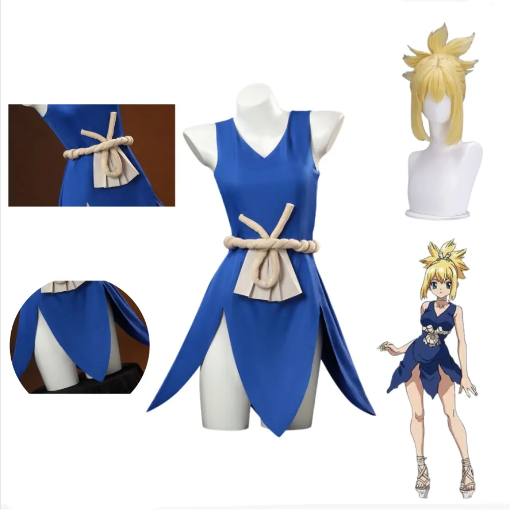 

Dr.STONE Kohaku Cosplay Costume Full Set Blue Dress Accessories Adult Women Anime Halloween Comic Con Role Play Outfit