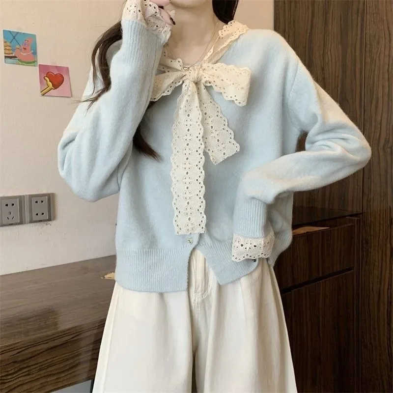 Sweet French Patchwork Vneck Lace Bowknot Women Short Knit Cardigan Long Sleeve Spring Autumn Fashion Top Wear To Work