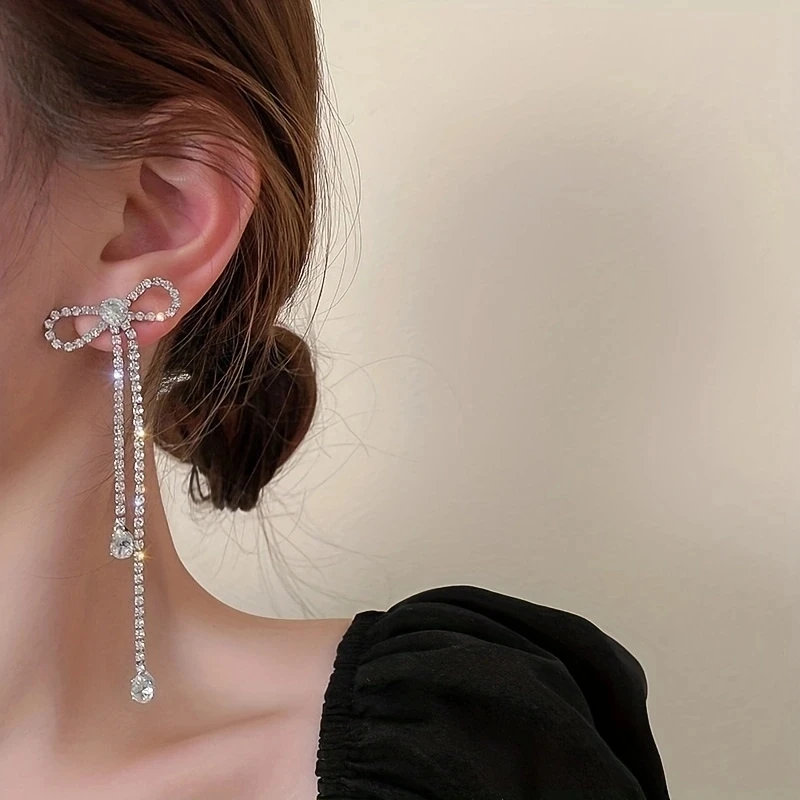 1 Pair Fashion Rhinestone Bow Drop Earrings