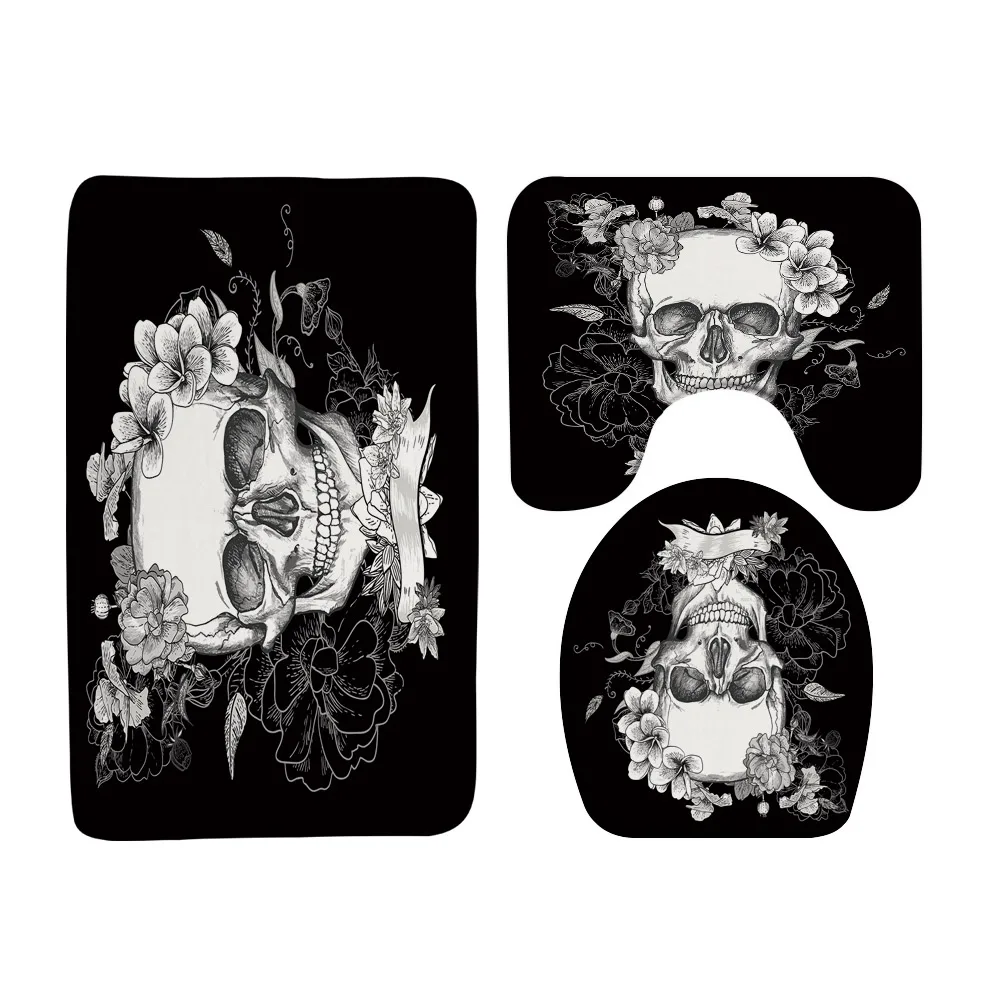 Skull Floral Skeleton Bath Mat Sets 3pcs Rose Flowers Halloween Bathroom Rug Doormat Non Slip U-shaped Carpet Toilet Seat Cover