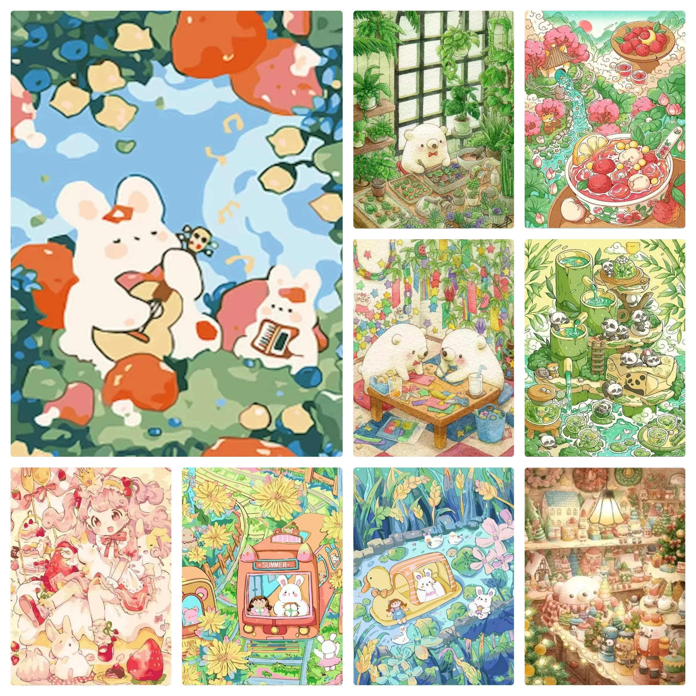 DIY Whimsical Animal Scene Diamond Painting, Cute Pandas and Bears in Cozy Magical Settings, Perfect for Home Decor
