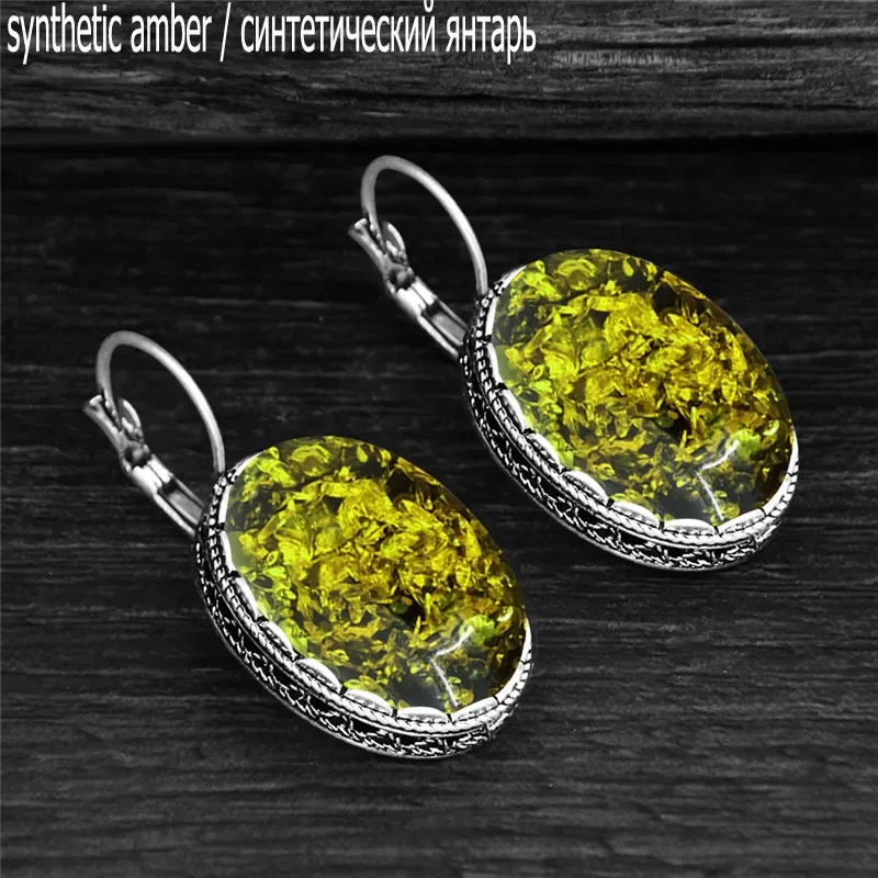 Big Oval Simulated Ambers Earrings Vintage Look Antique Silver Plated Cuff Resin Flower Fashion Jewelry