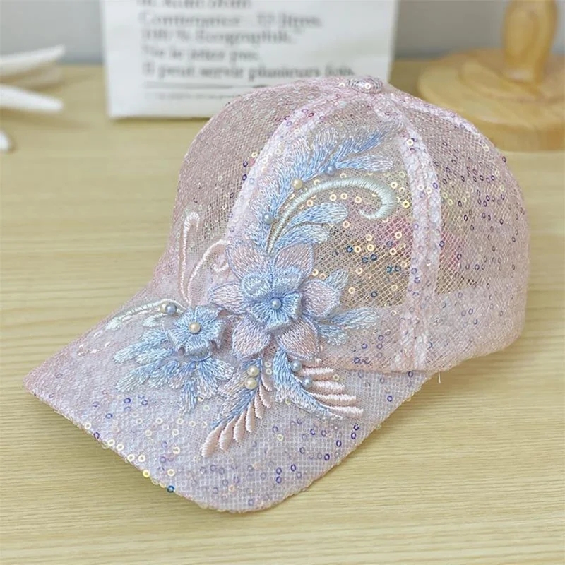 Summer Lace Mesh Sun Hat Breathable Sequins Baseball Cap Sunshade Versatile Duck Tongue Hat Hip-hop Hat Adjustable Rebound Cap