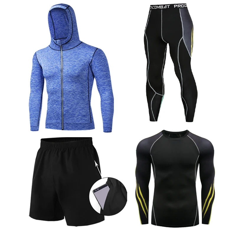 2023 4 Pieces Running suit Men Sports Tights Compression Shirt Long sleeve Quick dry Gym Shorts Workout Bodybuilding Clothing