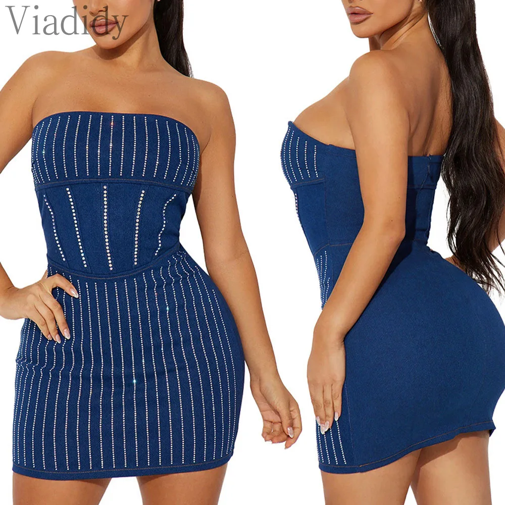 

Women Sexy Solid Color Rhinestone Decor Strapless Backless Bandeau Mini Dress