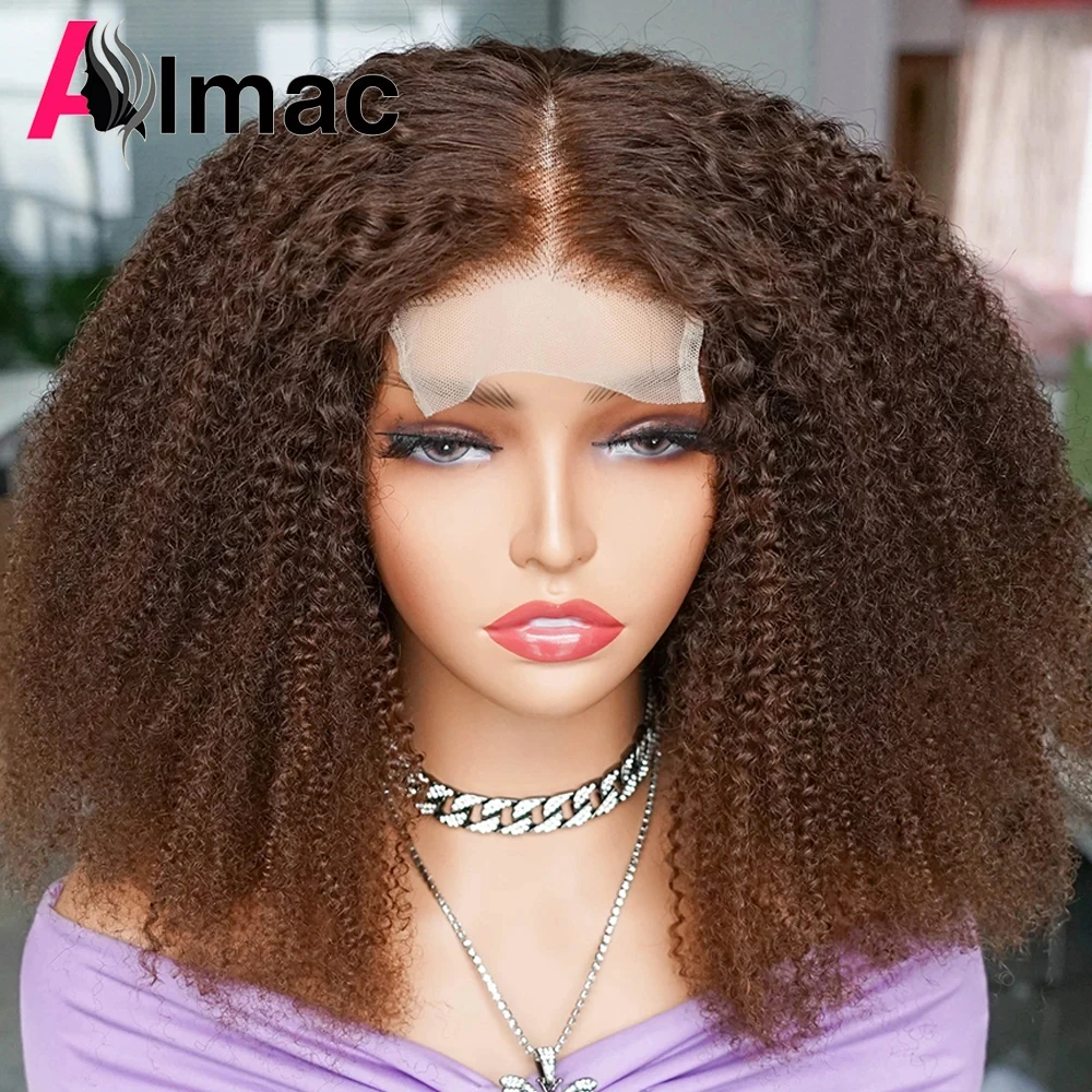 250% Density Brown Color Afro Kinky Curly 13x4 Transparent Lace Frontal Human Hair Wig Indian Remy Hair 4x4 Closure Color Wigs