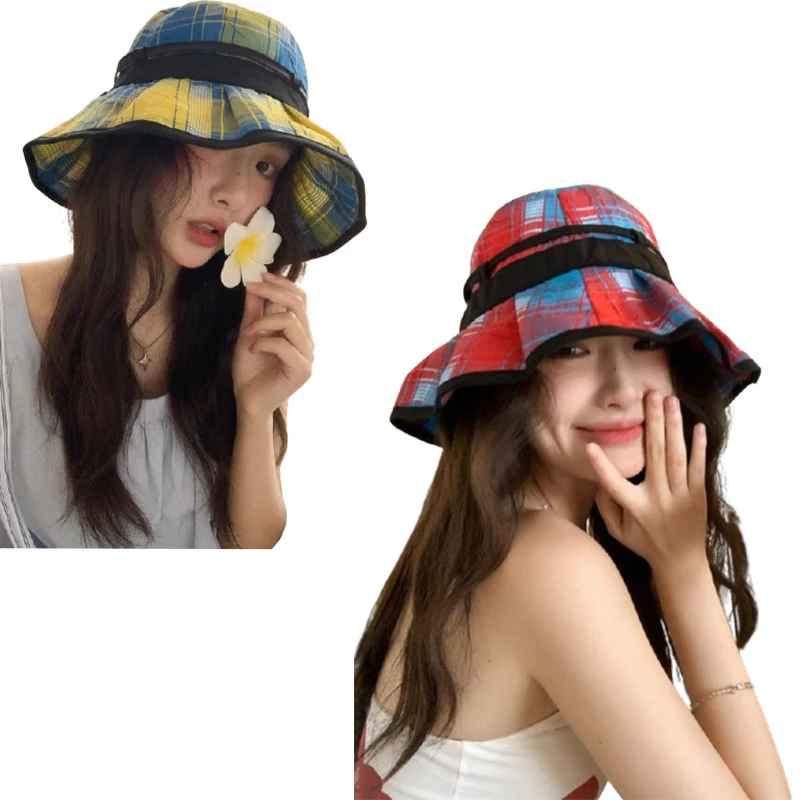 

Fashion Retro Red and Blue Contrasting Color Plaid Bucket Hats Women Spring and Summer Big Brim Sun Protection Versatile Sun Hat