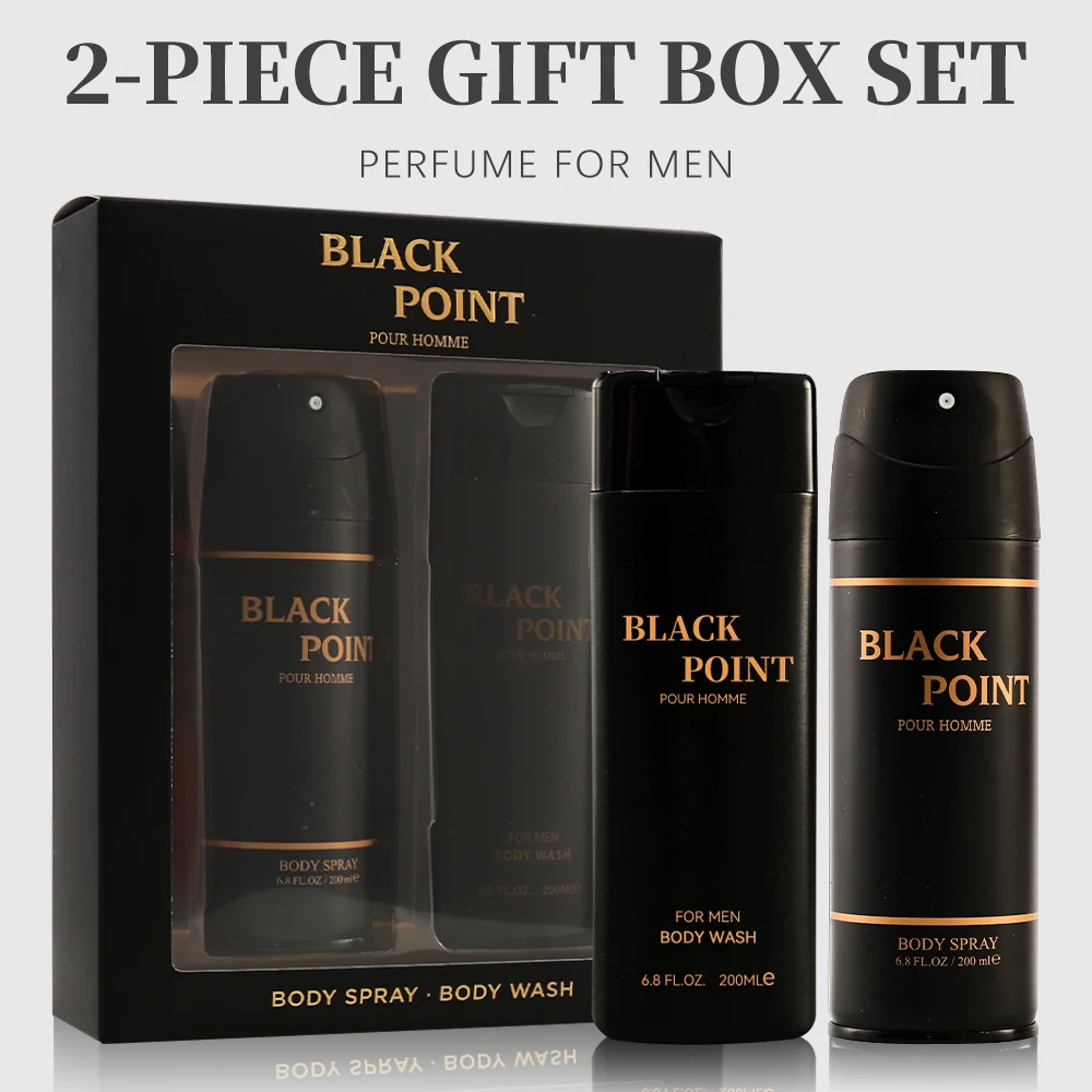 Men's Body Fragrance Set Body Spray and Wash Gift Box, 6.8 FL.OZ Mist, 6.8FL.OZ Body Wash, BLACK POINT 2Pcs Set Long Lasting