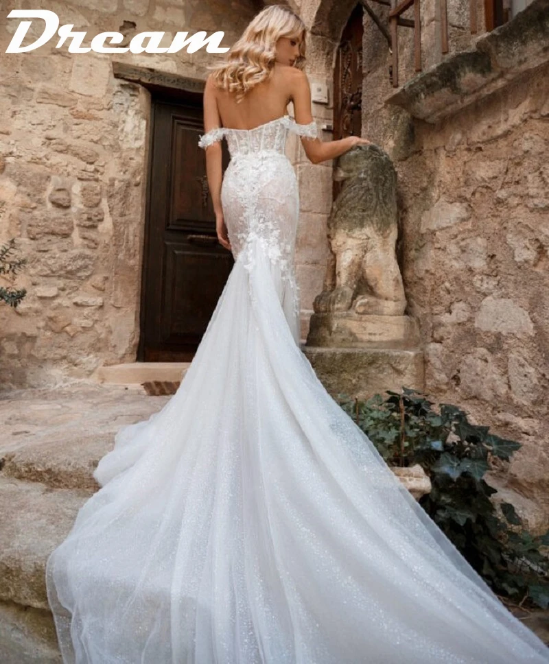 DREAM Off The Shoulder Lace Appliques Mermaid Wedding Dress 2022 Sparkly Tulle Court Train Sweetheart Bridal Gowns