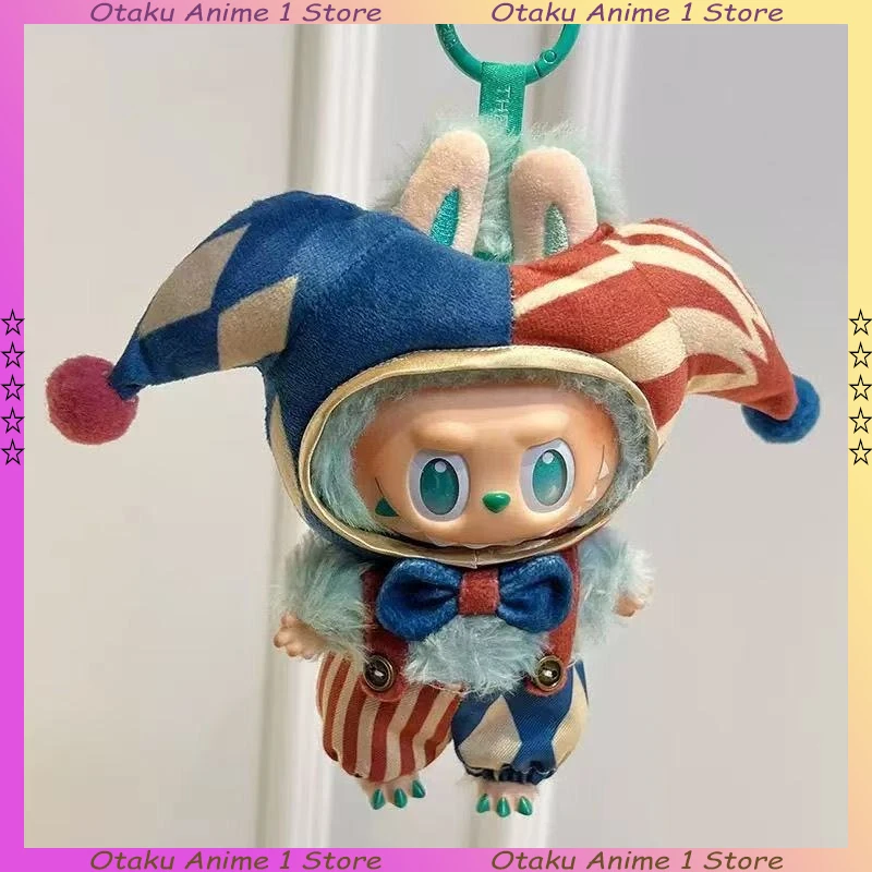 Ubranka dla lalki Cartoon Labubu 3.0, uroczy zestaw: kapelusz klauna cyrkowego, ogrodniczki, mini pluszowa lalka, odzież, akcesoria dla lalek, prezent dla chłopca i dziewczynki.