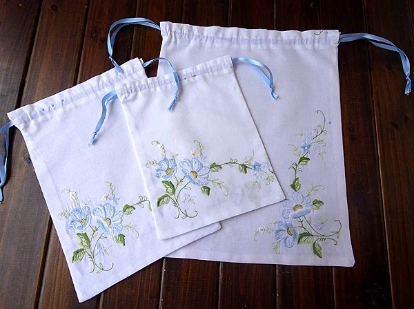 2pcs Pure Cotton Boutique Hand -embroidered Flower Cloth Handbag Storage Bag Drawstring Bag