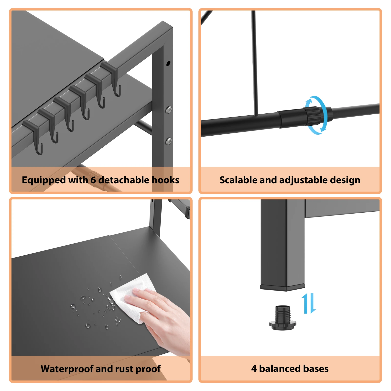 حامل ميكروويف قابل للتوسيع مع 6 خطافات، رف تخزين المطبخ، منظم سطح الطاولة لرف التوابل، الأواني، محمصة الفرن