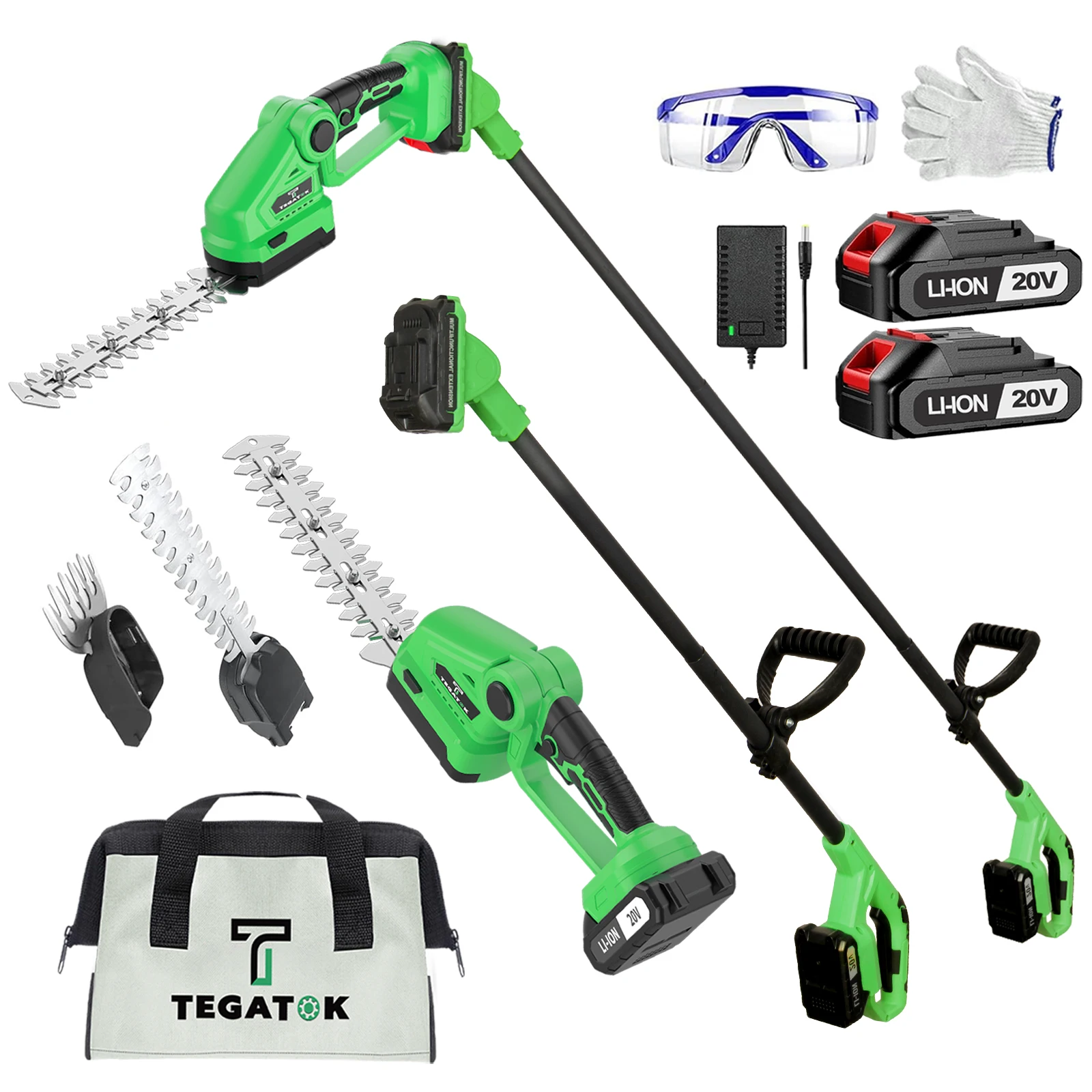 3-in-1 Multifunctional Electric Hedge Trimmer with Extendable Pole, 2 Rechargeable 20V 2000mAh Batteries, Gloves