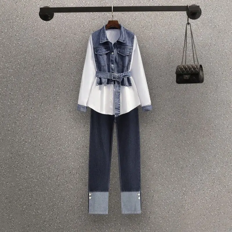 Korean Popular Street Style Elegant Women\'s Pants Set Fashion Denim Shirt Blue Jeans Two-piece Set Famele Tracksuit Sportswear