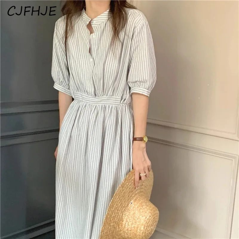 CJFHJE-فستان قميص مخطط عالي الخصر للنساء ، برباط ، كلاسيكي ، كاجوال ، فساتين طويلة ، موضة كورية ، أنيقة ، ربيع ، صيف ، جديد
