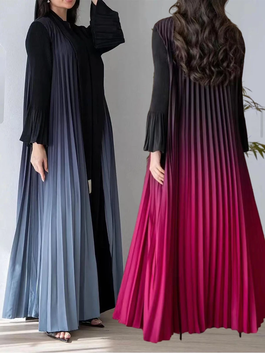 Pleated Gradient Muslim Abaya Women Abayas Saudi Arab Flare Sleeve Cardigan Dress Caftan Maxi Vestidos Morocco Kaftan Long Robe