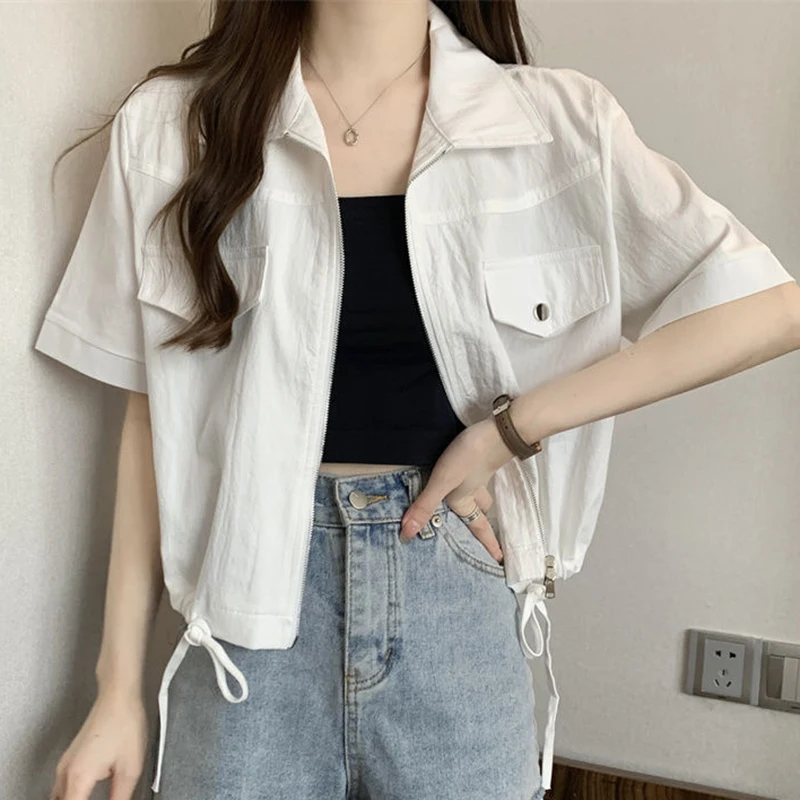 Sweet Zipper Women Shirt Korean New Lace Up Pockets Short Sleeve Female Crop Shirt Summer Fashion Preppy All Match Ladies Blouse