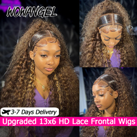 WOWANGEL 4/27 Highlight 13X6 HD Lace Frontal Wigs Pre Plucked Water Wave Lace Front Human Hair Wigs Brazilian Hair Curly Wigs