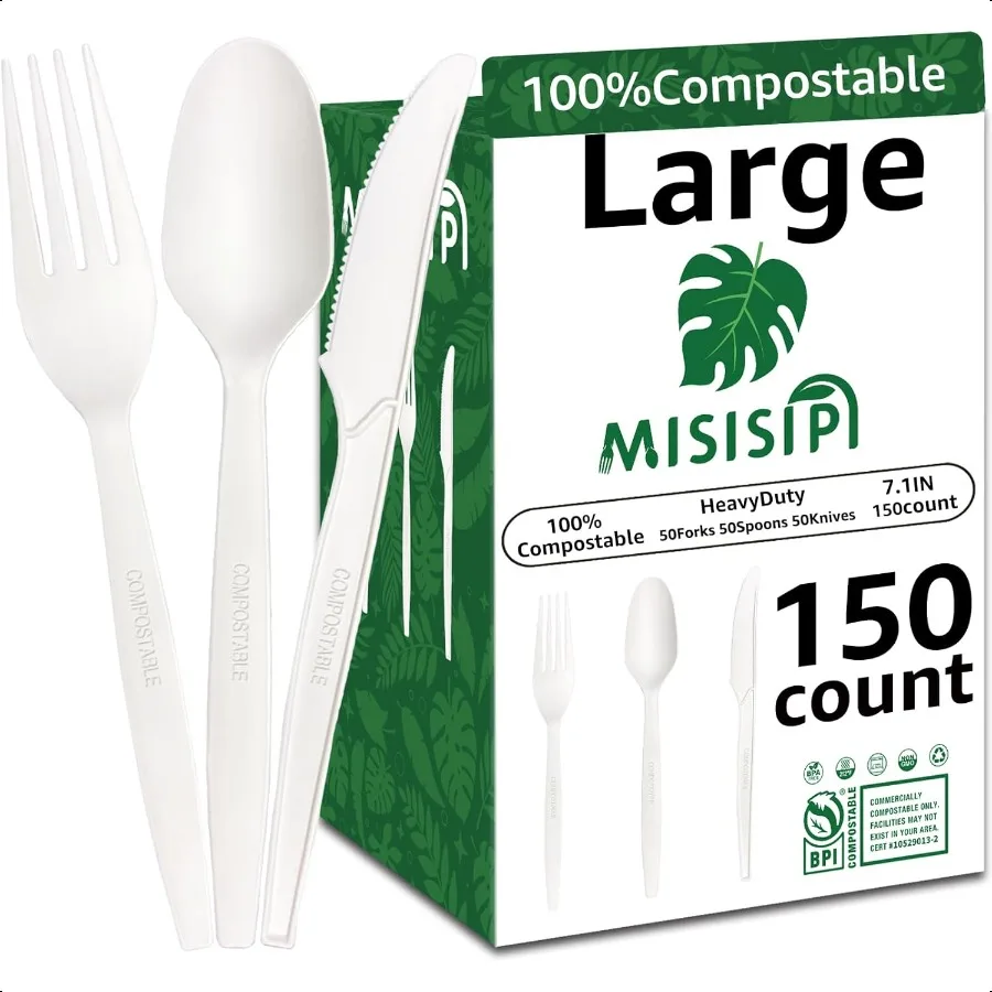 

150Pcs 100% Compostable Utensils Cutlery Biodegradable HeavyDuty No Plastic Utensils Silverware Cutlery Set EcoFriendly Heavywe