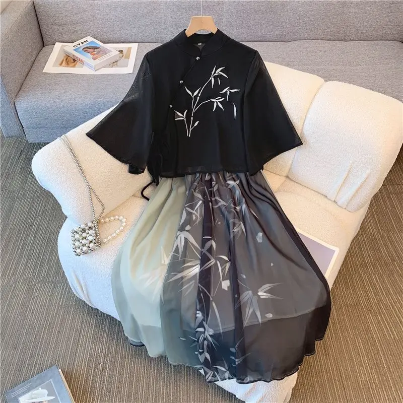 Chinese Style Women's Clothes Skirts Suit Summer Retro Embroidery Blouse Improved Hanfu Skirts Two-piece Sets