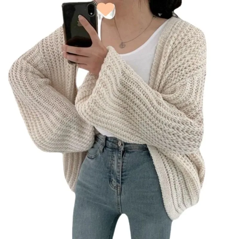 Damski sweter rozpinany na jesień i zimę, luźny, gruby, dzianinowy, z rękawami typu lampion, jednolity kolor, uniwersalny, w stylu lazy, idealny do...